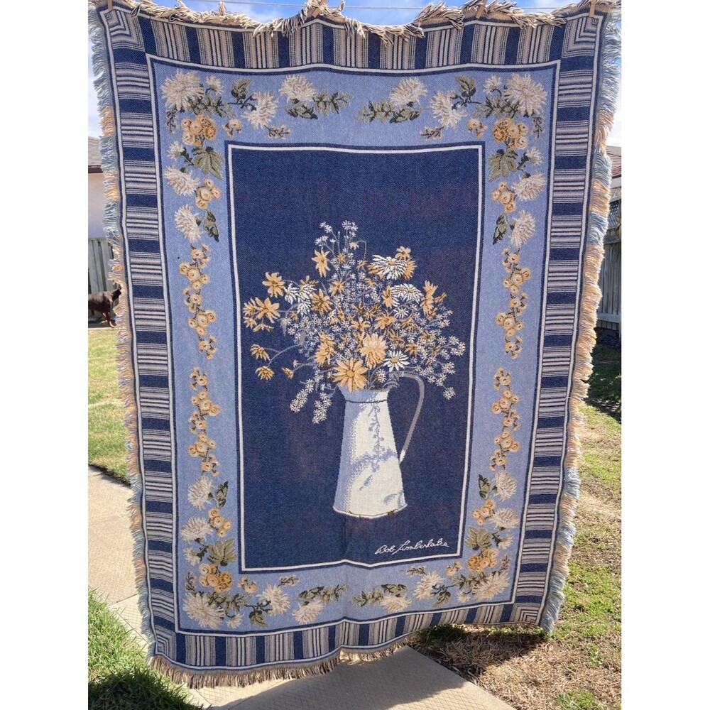 Vintage BOB TIMBERLAKE Triple Woven Fringed Throw Blanket Floral Cottagecore